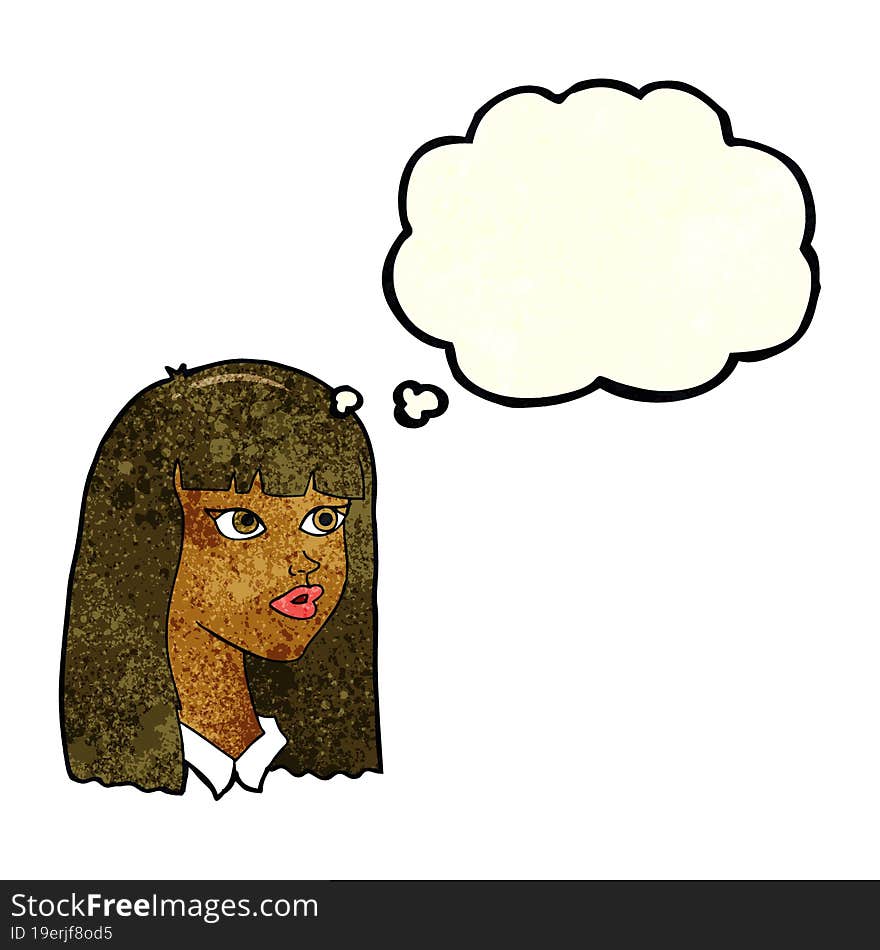 cartoon pretty girl with long hair with thought bubble