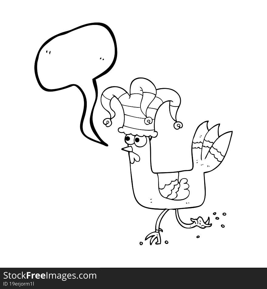 freehand drawn speech bubble cartoon chicken running in funny hat