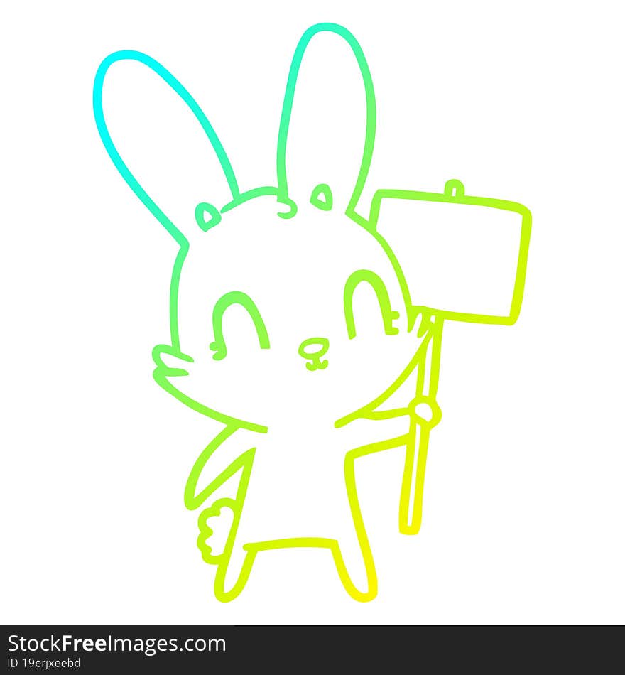 Cold Gradient Line Drawing Cute Cartoon Rabbit With Sign