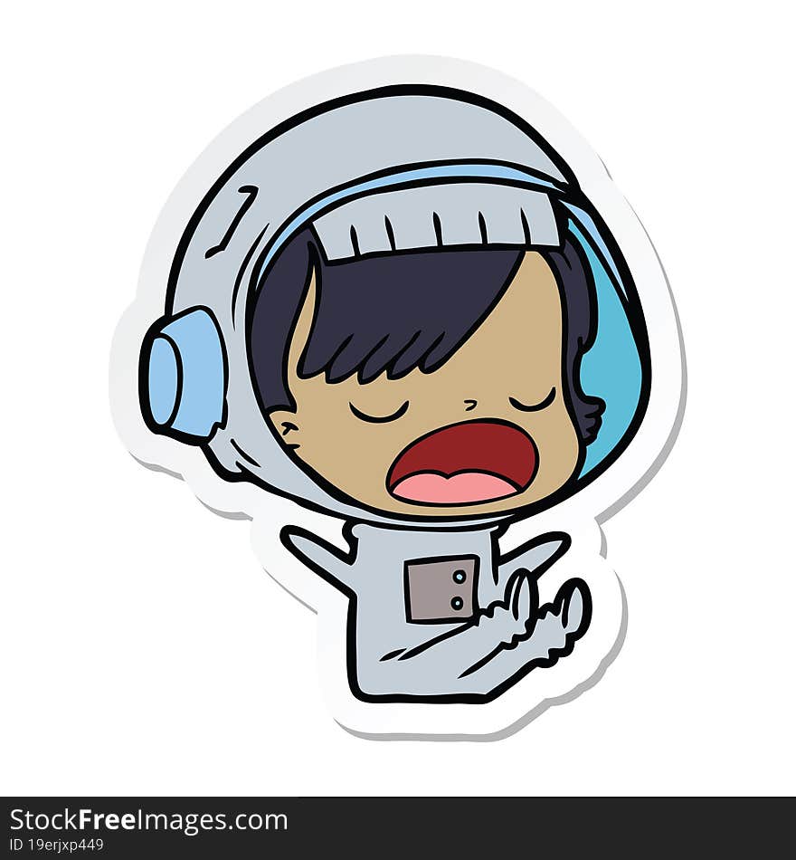 sticker of a cartoon astronaut woman explaining