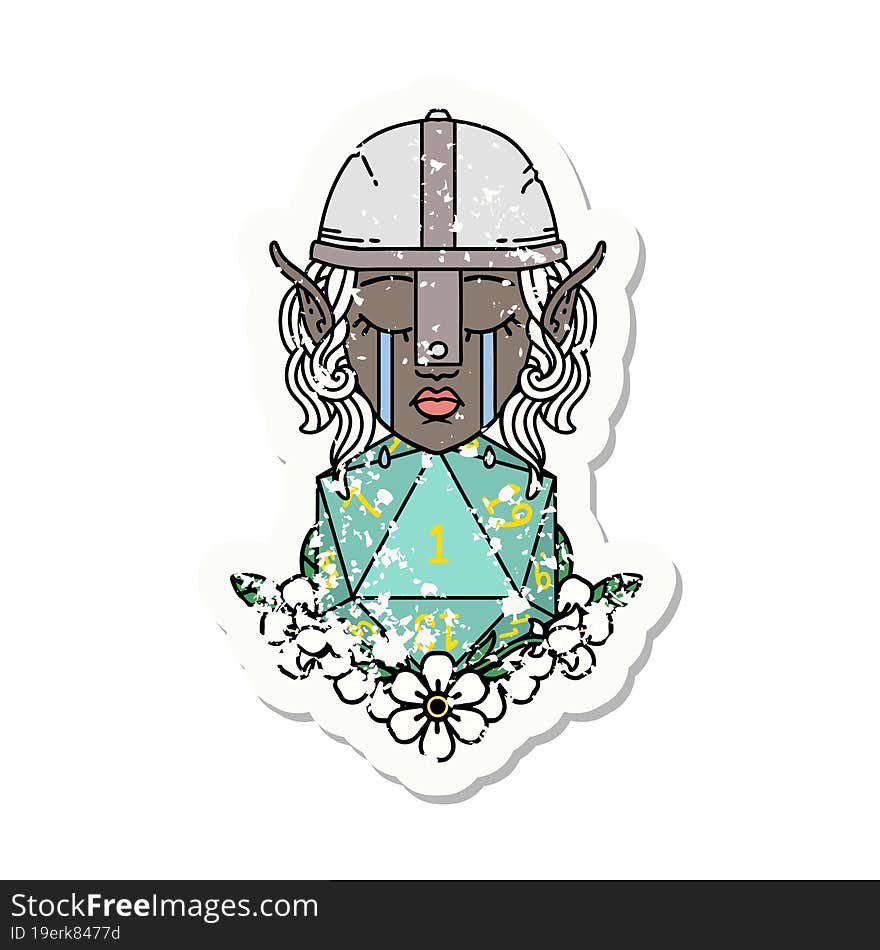 Retro Tattoo Style sad elf fighter character with natural one d20 roll. Retro Tattoo Style sad elf fighter character with natural one d20 roll