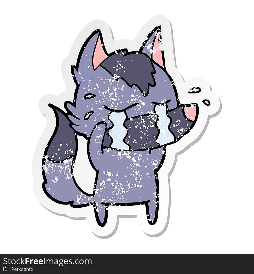 distressed sticker of a cartoon crying wolf