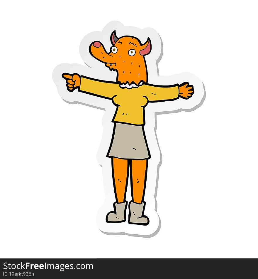 sticker of a cartoon pointing fox woman