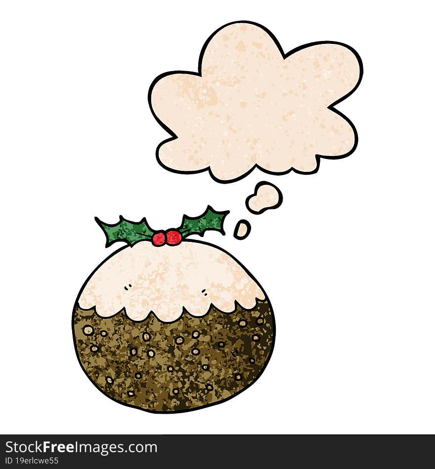 cartoon christmas pudding and thought bubble in grunge texture pattern style