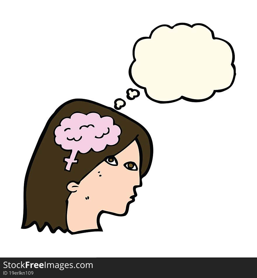 cartoon female head with brain symbol with thought bubble