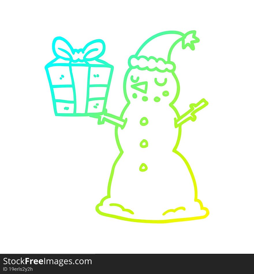 cold gradient line drawing of a cartoon snowman with present