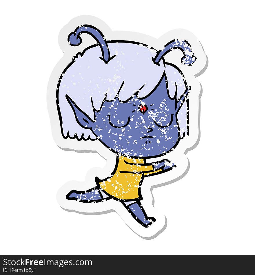 distressed sticker of a cartoon alien girl