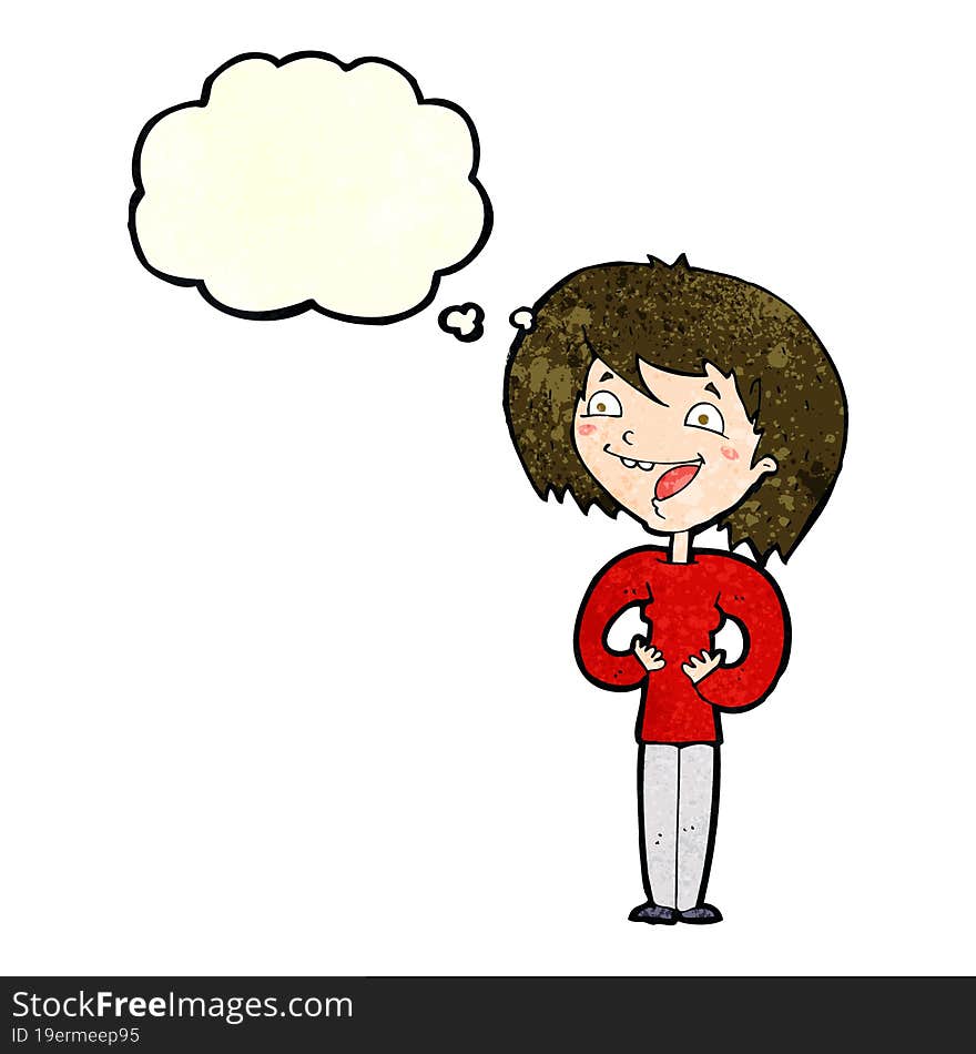 cartoon excited woman with thought bubble