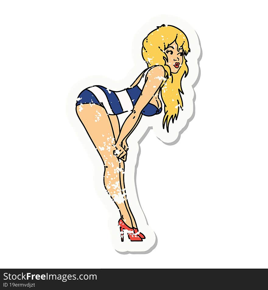 distressed sticker tattoo of a pinup girl in swimming costume