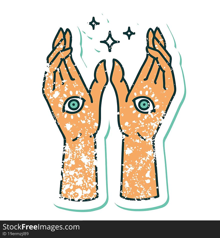 iconic distressed sticker tattoo style image of mystic hands. iconic distressed sticker tattoo style image of mystic hands