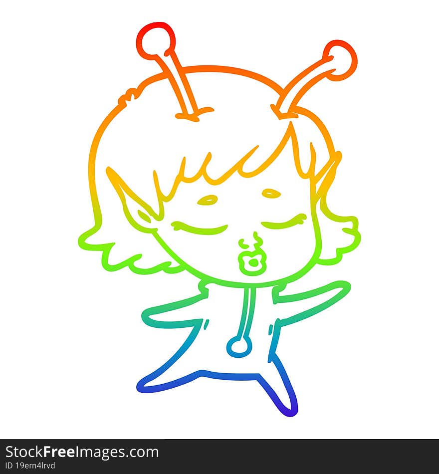 rainbow gradient line drawing of a cartoon alien girl