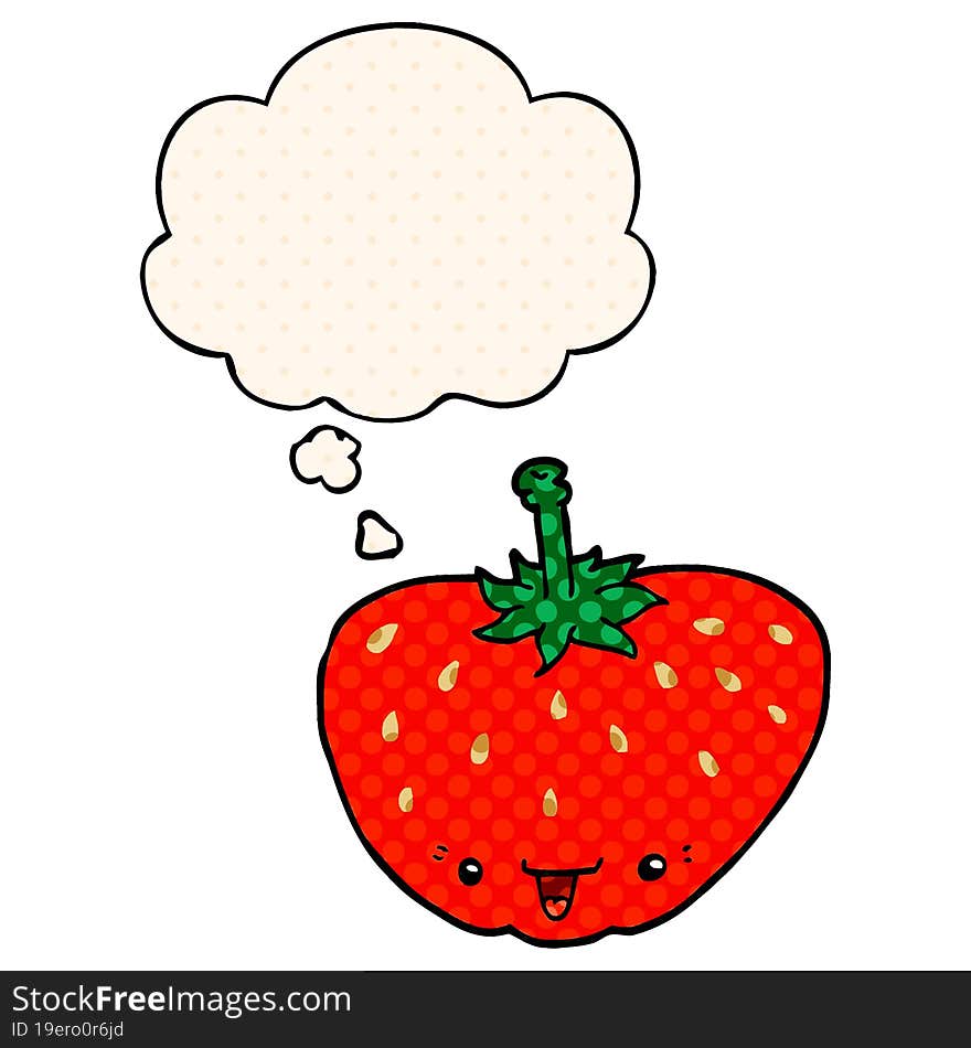 cartoon strawberry and thought bubble in comic book style