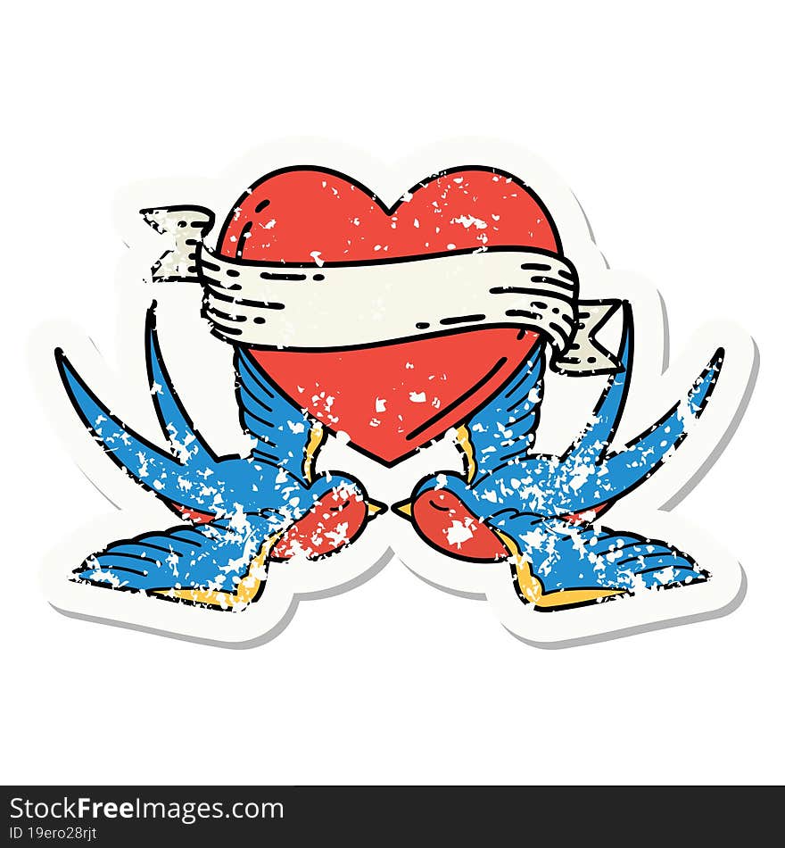 distressed sticker tattoo in traditional style of swallows and a heart with banner. distressed sticker tattoo in traditional style of swallows and a heart with banner