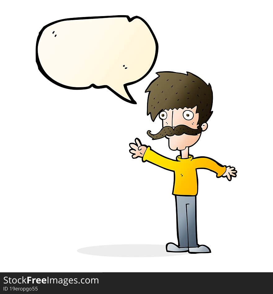 cartoon waving mustache man with speech bubble