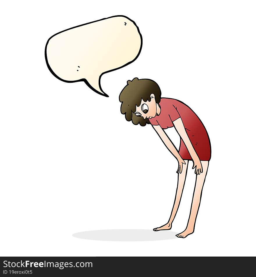 Cartoon Woman Looking At Her Feet With Speech Bubble