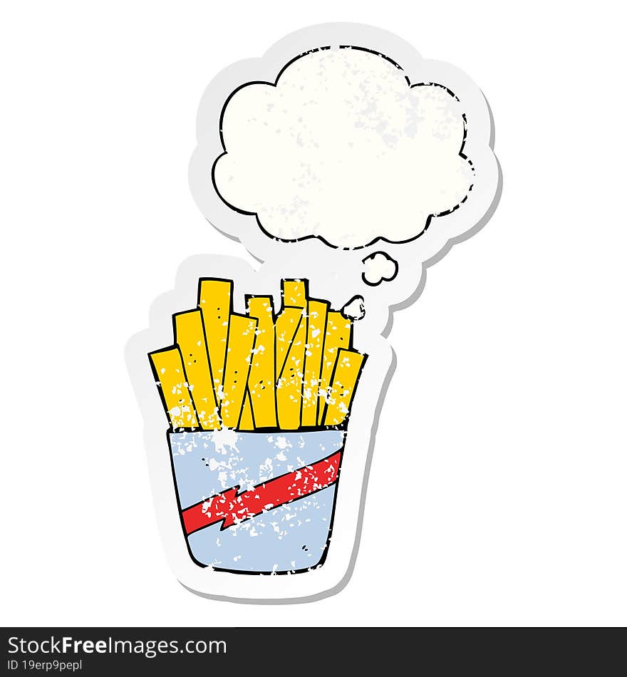 cartoon box of fries and thought bubble as a distressed worn sticker