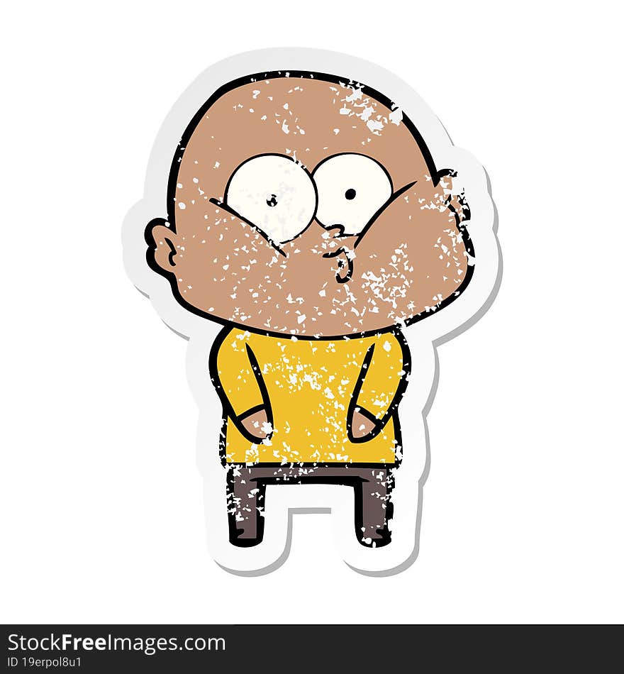 distressed sticker of a cartoon bald man staring