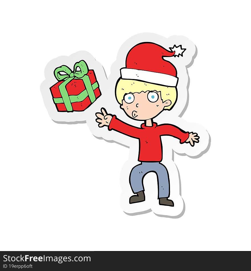 sticker of a cartoon boy with present