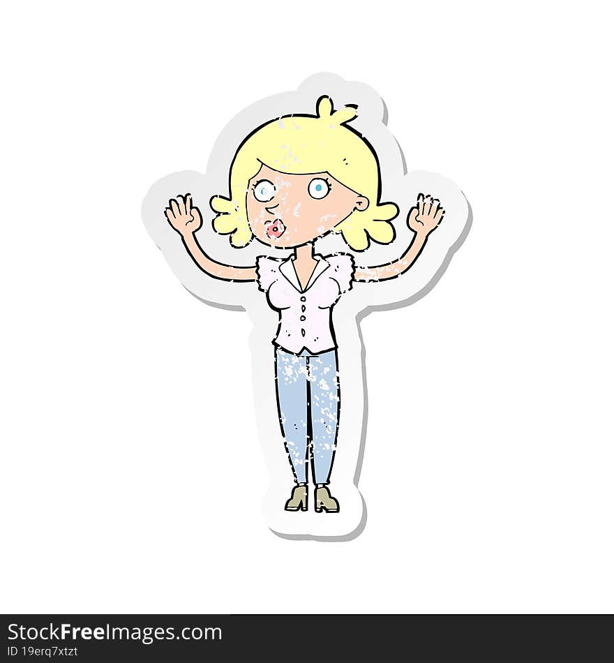 retro distressed sticker of a cartoon woman surrendering