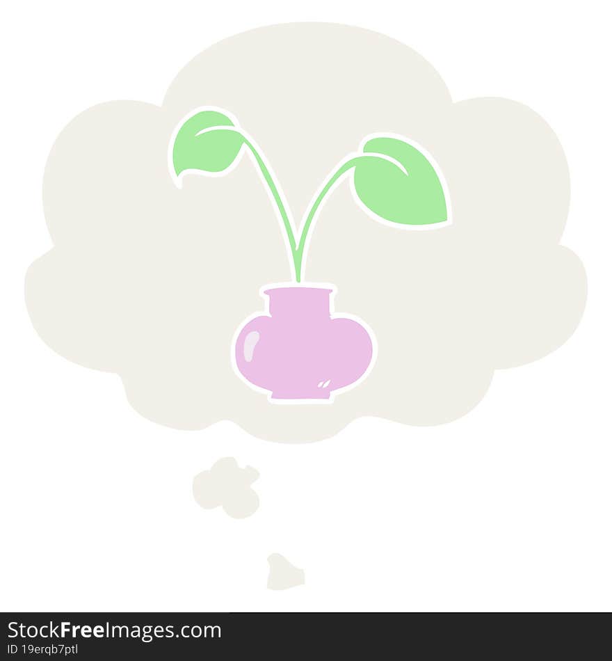 cartoon house plant with thought bubble in retro style