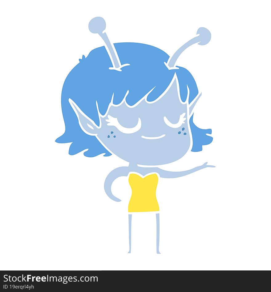 Smiling Alien Girl Flat Color Style Cartoon