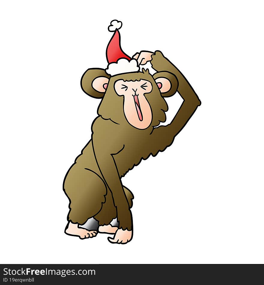 gradient cartoon of a chimp scratching head wearing santa hat