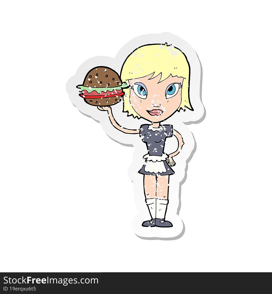 retro distressed sticker of a cartoon waitress with burger