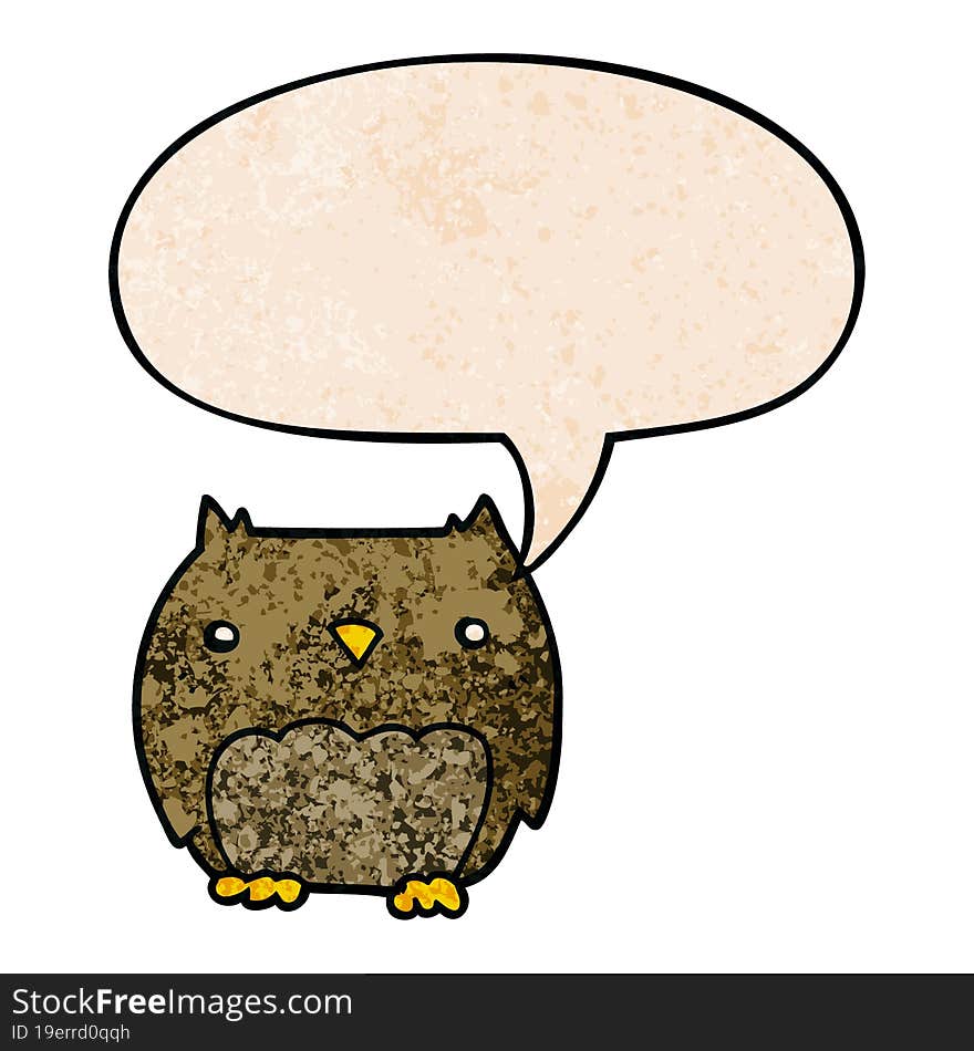 cute cartoon owl and speech bubble in retro texture style