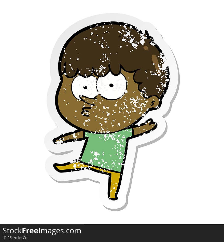 distressed sticker of a cartoon curious boy