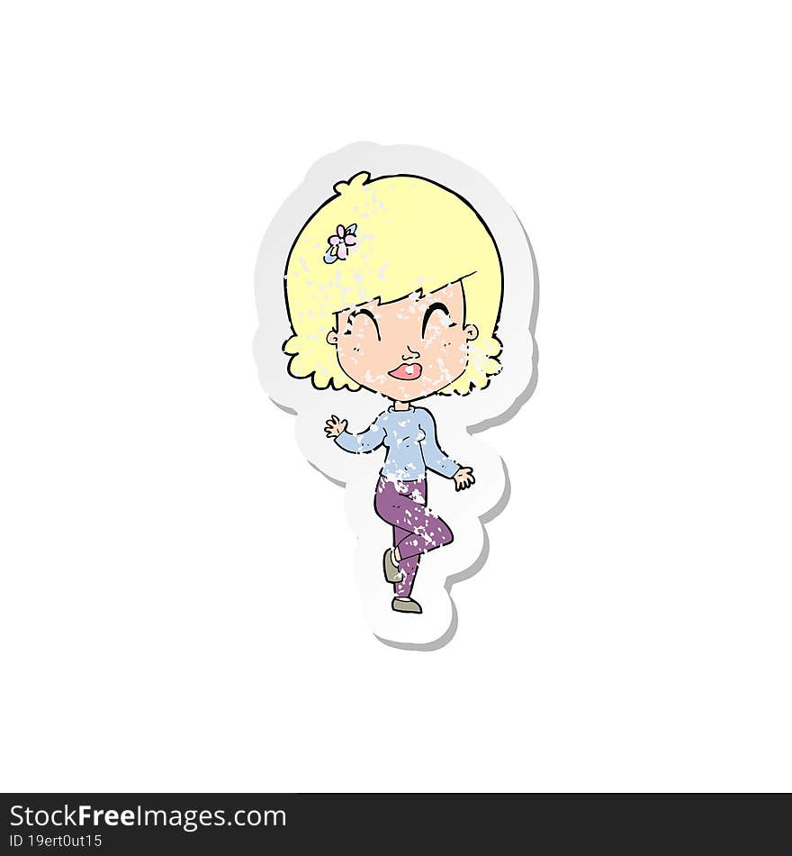 Retro Distressed Sticker Of A Cartoon Pretty Woman Dancing