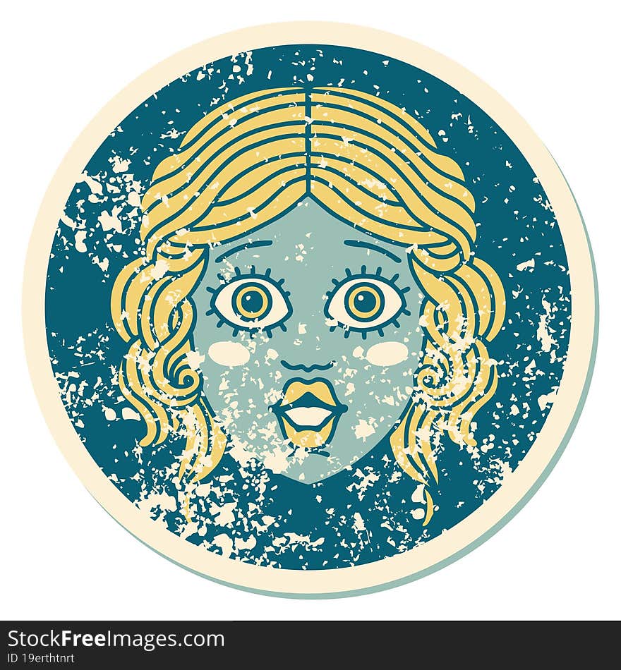 distressed sticker tattoo style icon of female face