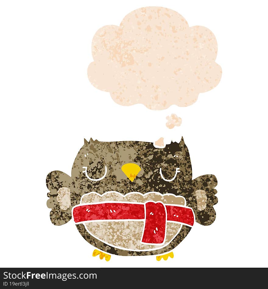 cartoon owl and thought bubble in retro textured style