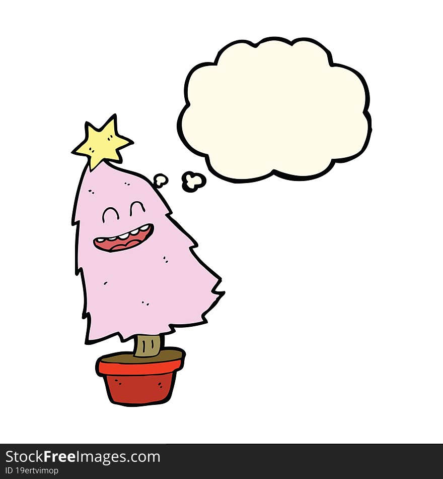 cartoon dancing christmas tree with thought bubble