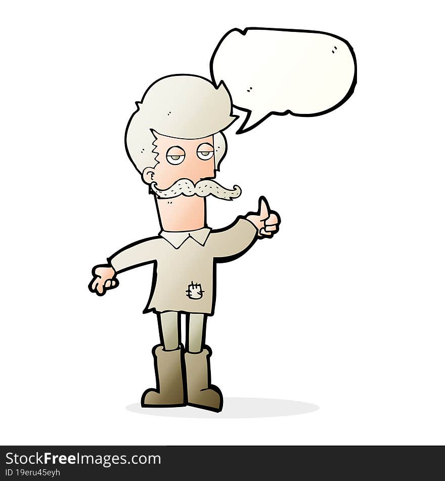 cartoon old man in poor clothes with speech bubble