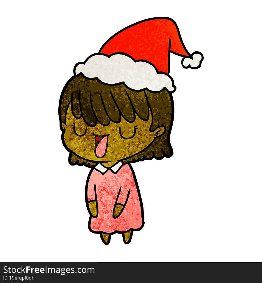 hand drawn textured cartoon of a woman wearing santa hat