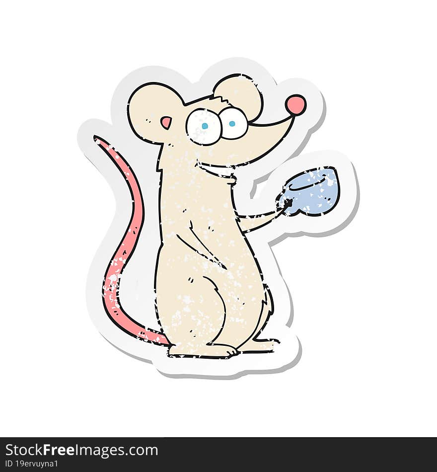 Retro Distressed Sticker Of A Cartoon Mouse With Cup Of Tea