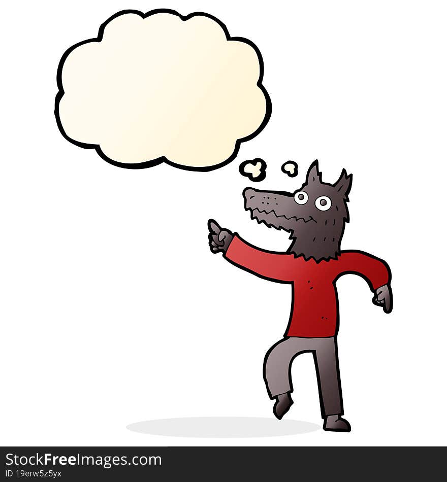 cartoon wolf man with thought bubble