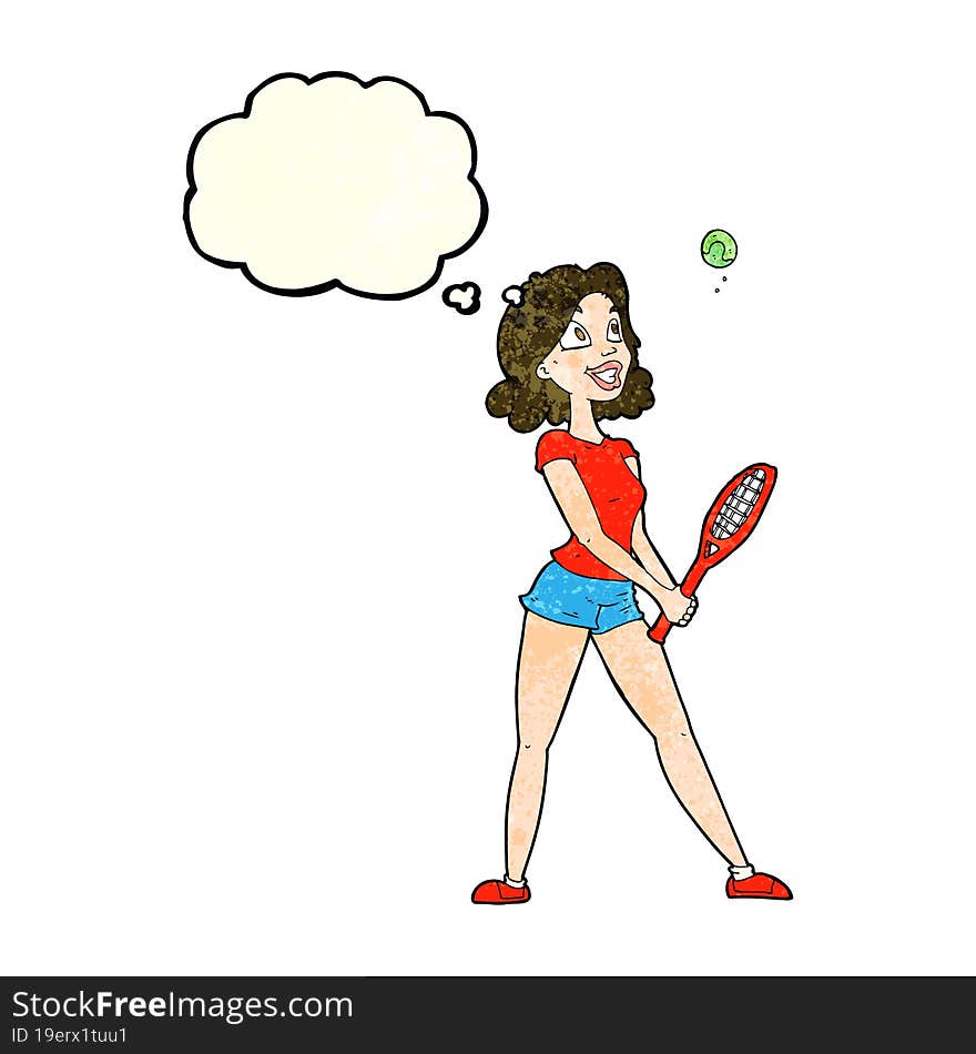 cartoon woman playing tennis with thought bubble