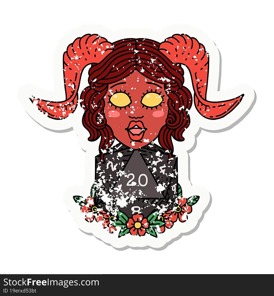 grunge sticker of a tiefling with natural twenty dice roll. grunge sticker of a tiefling with natural twenty dice roll