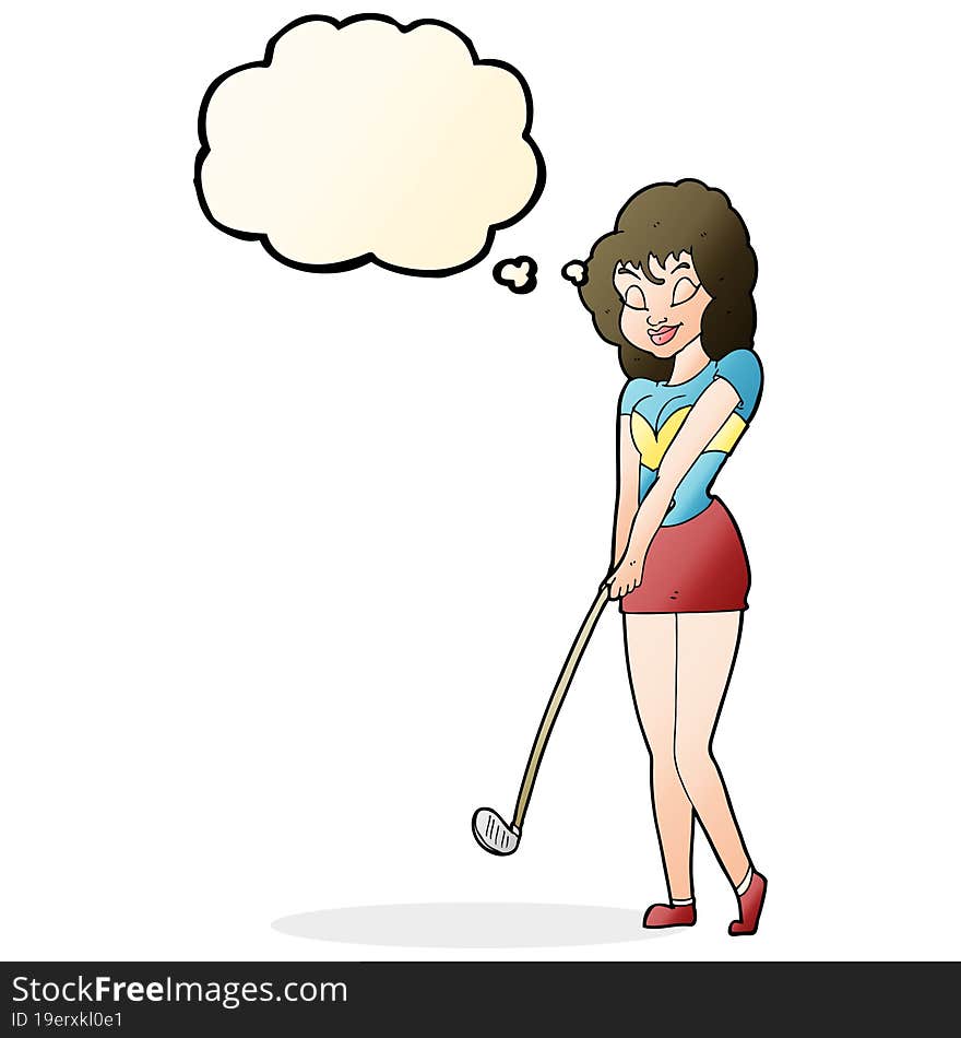 Cartoon Woman Playing Golf With Thought Bubble