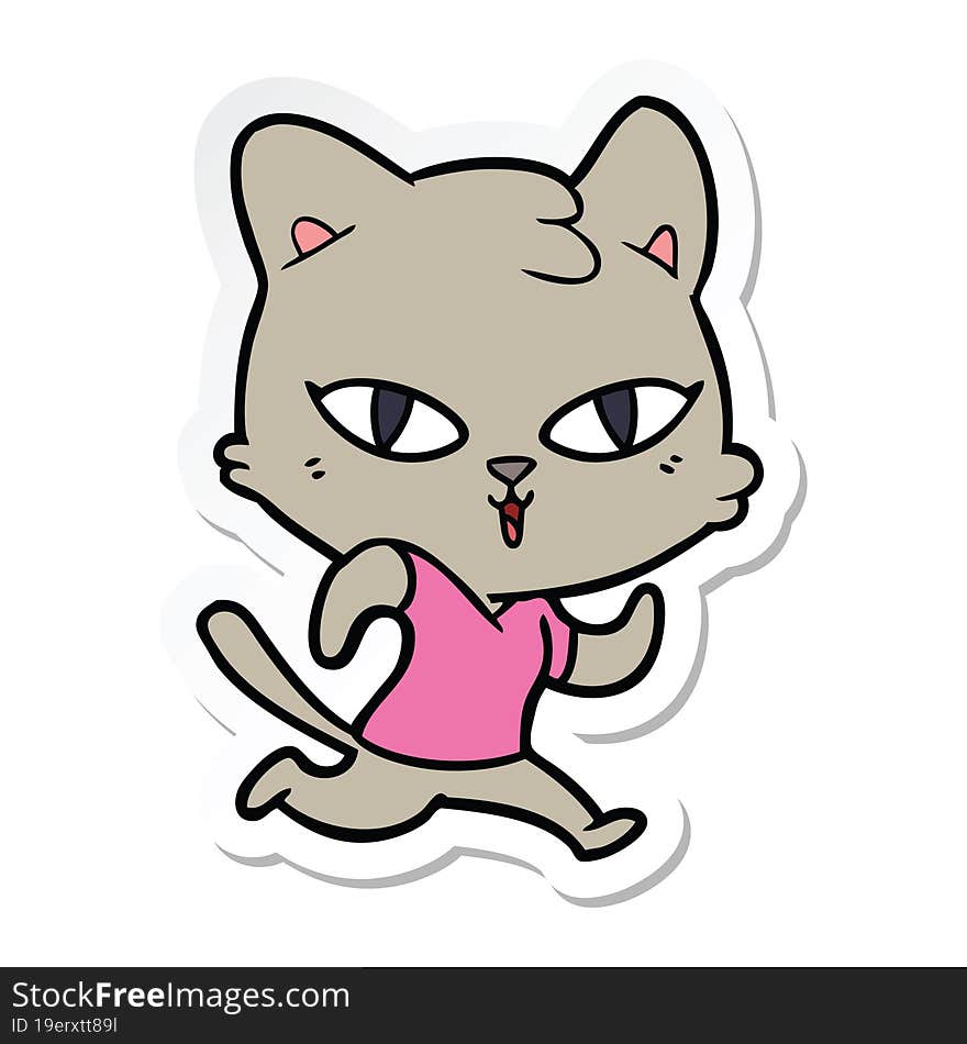 Sticker Of A Cartoon Cat Out For A Run