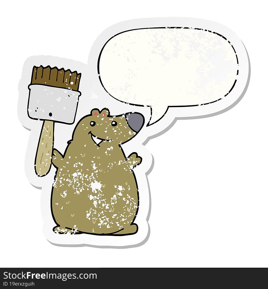 Cartoon Bear And Paint Brush And Speech Bubble Distressed Sticker