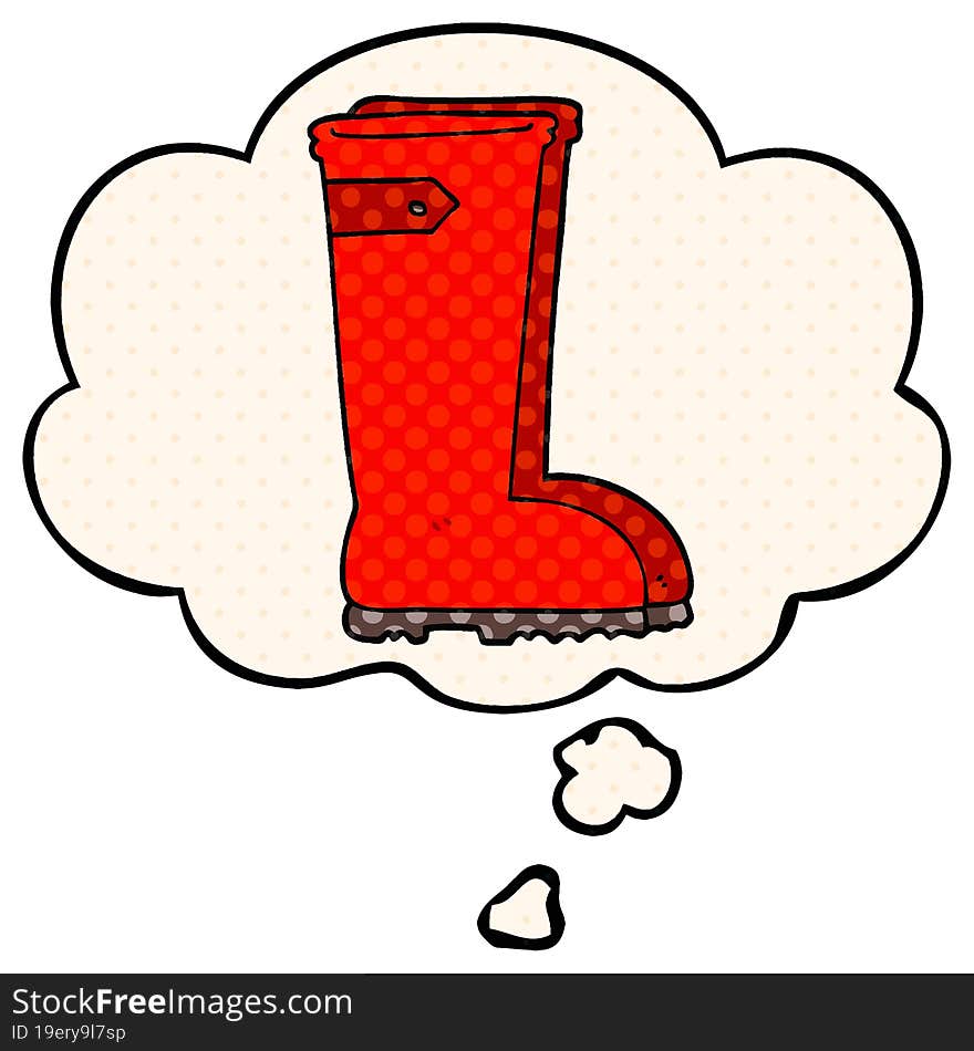 cartoon wellington boots and thought bubble in comic book style