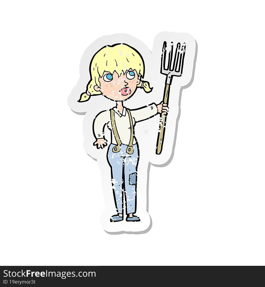 retro distressed sticker of a cartoon farmer girl