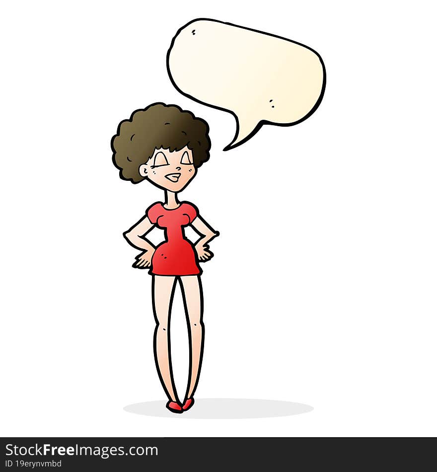 cartoon happy woman with hands on hips with speech bubble