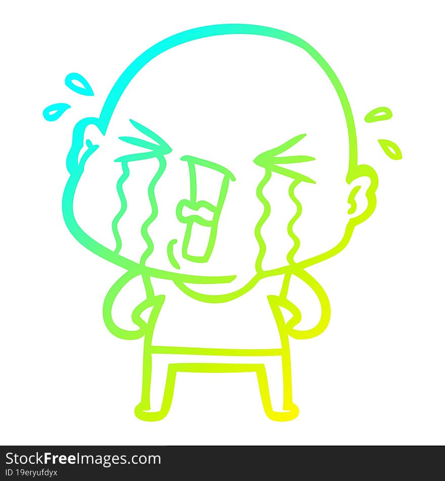 Cold Gradient Line Drawing Cartoon Crying Bald Man