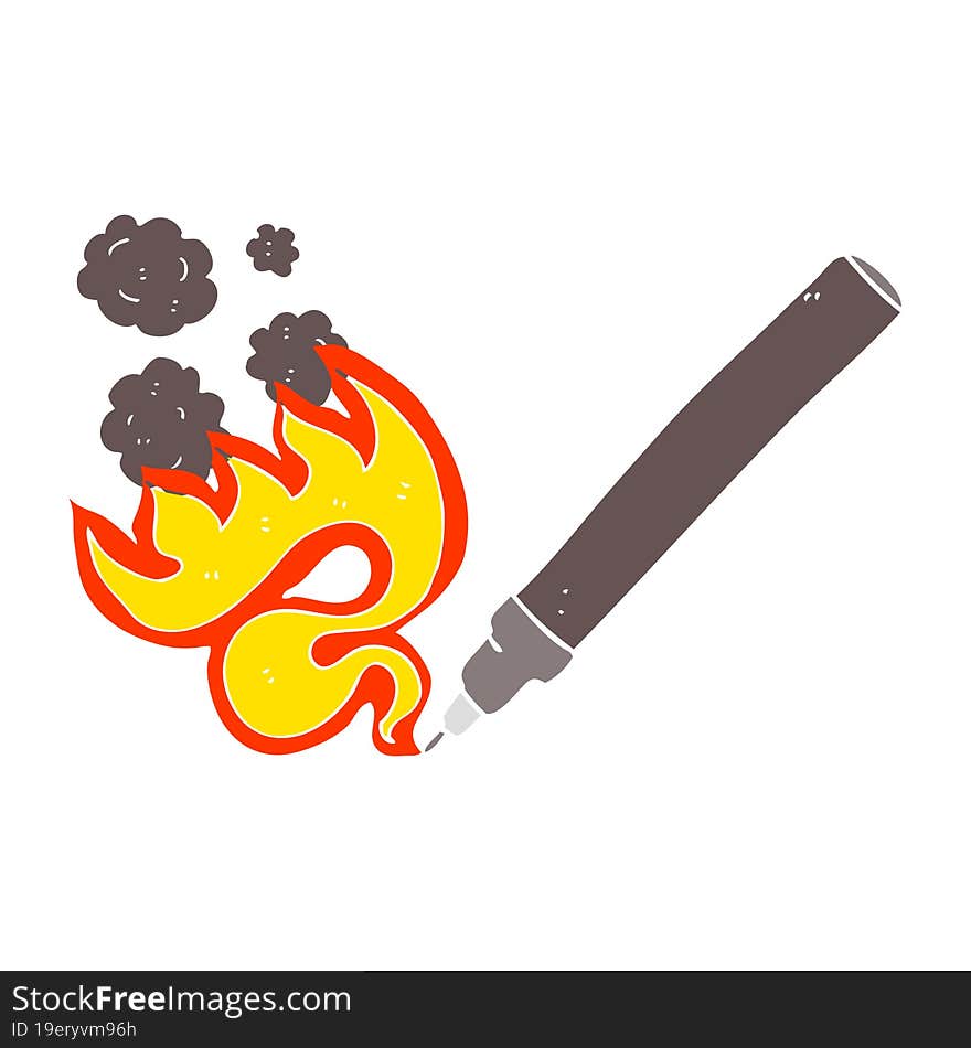 flat color illustration of a cartoon flaming pen