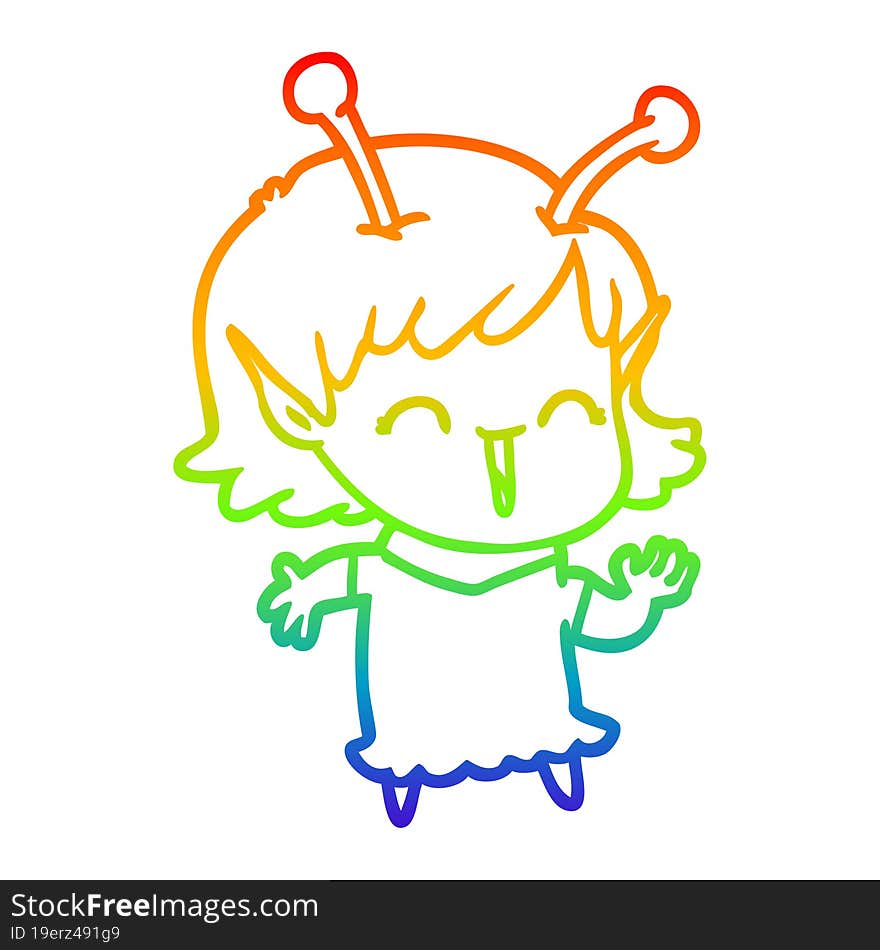 rainbow gradient line drawing of a cartoon alien girl laughing