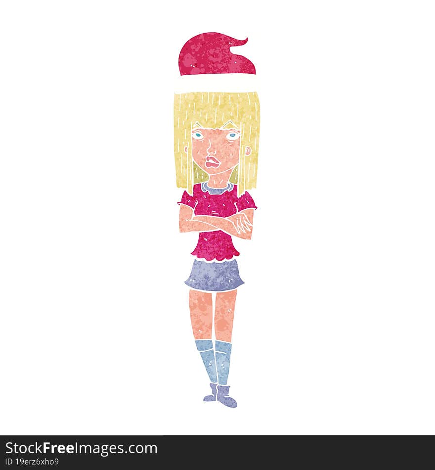 cartoon woman in christmas hat with folded arms