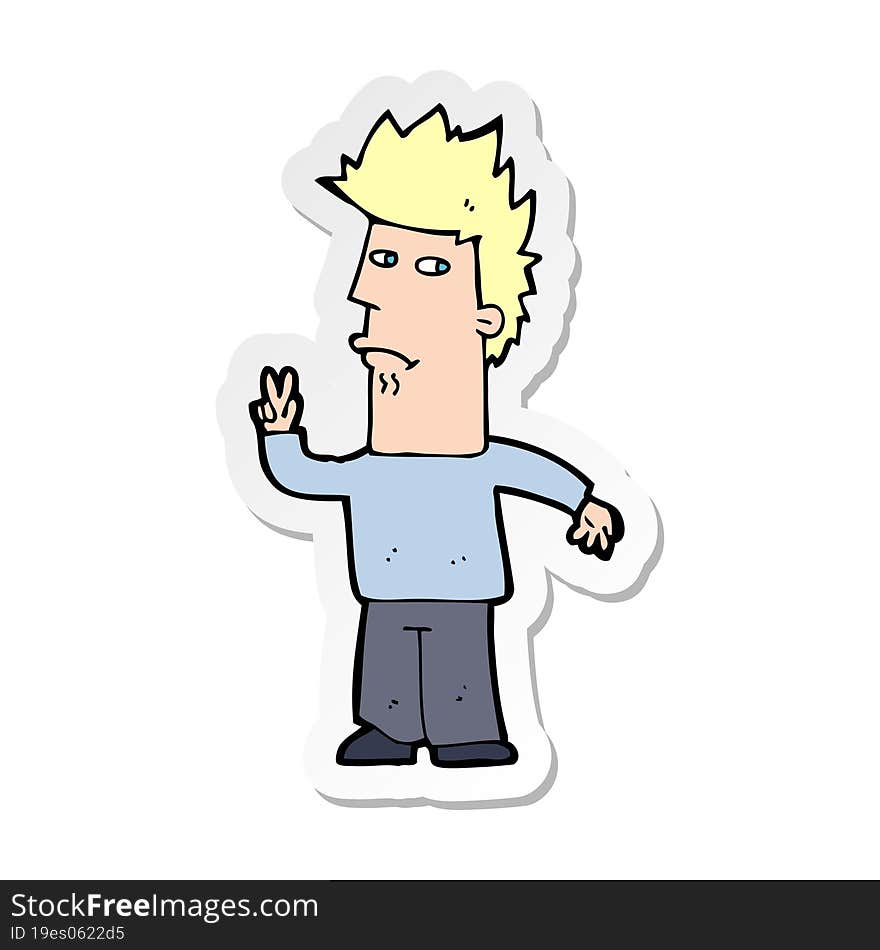 sticker of a cartoon man giving peace sign